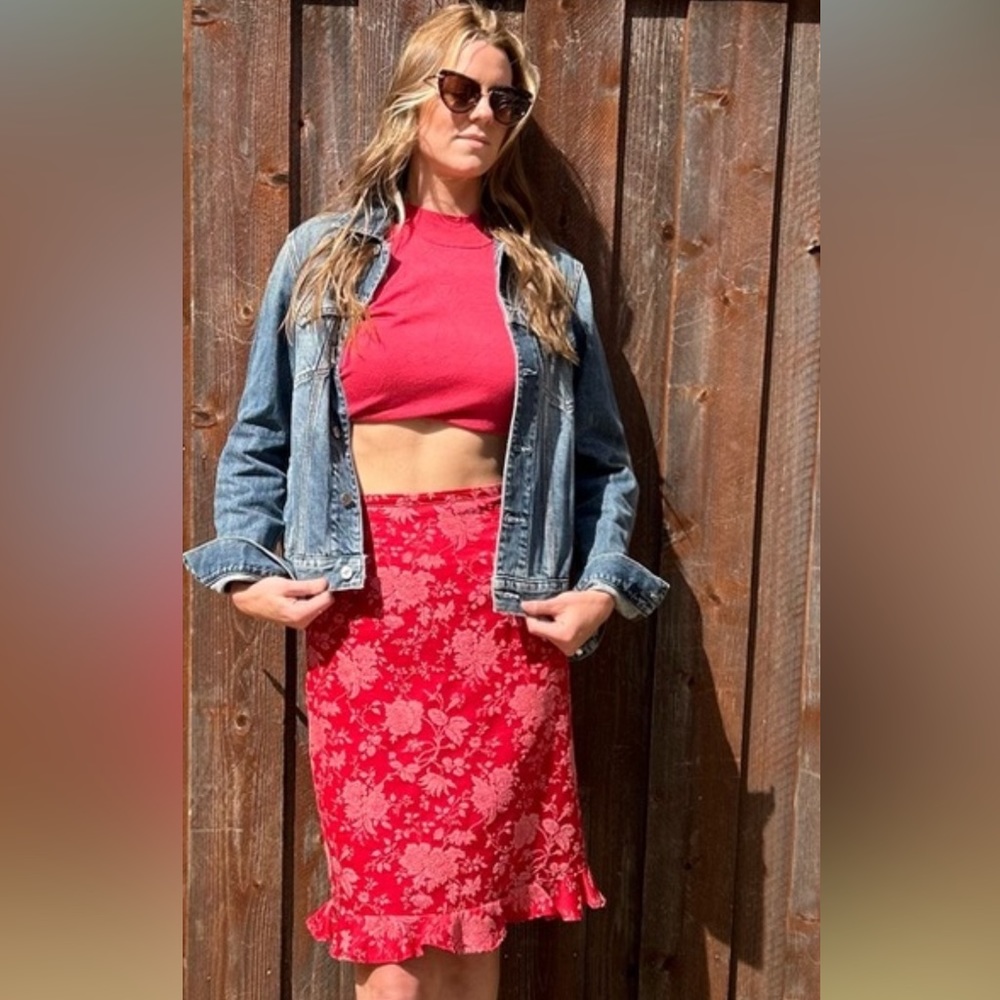 F.L. Malik red size 6 brocade ruffle midi skirt.